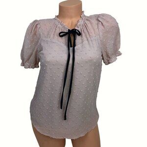 Monteau Pastel Pink Polka Dot Ruffle Tie Front Blouse Top Preppy Academia Size S